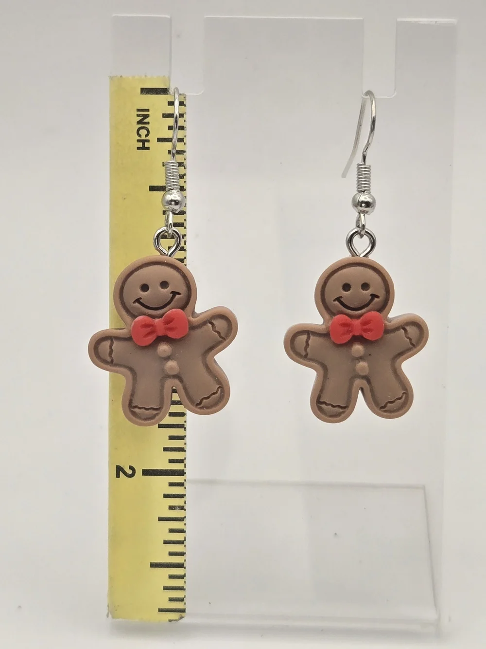 Gingerbread Dangle Earrings with Red Bow - Cute Brown Holiday Jewelry